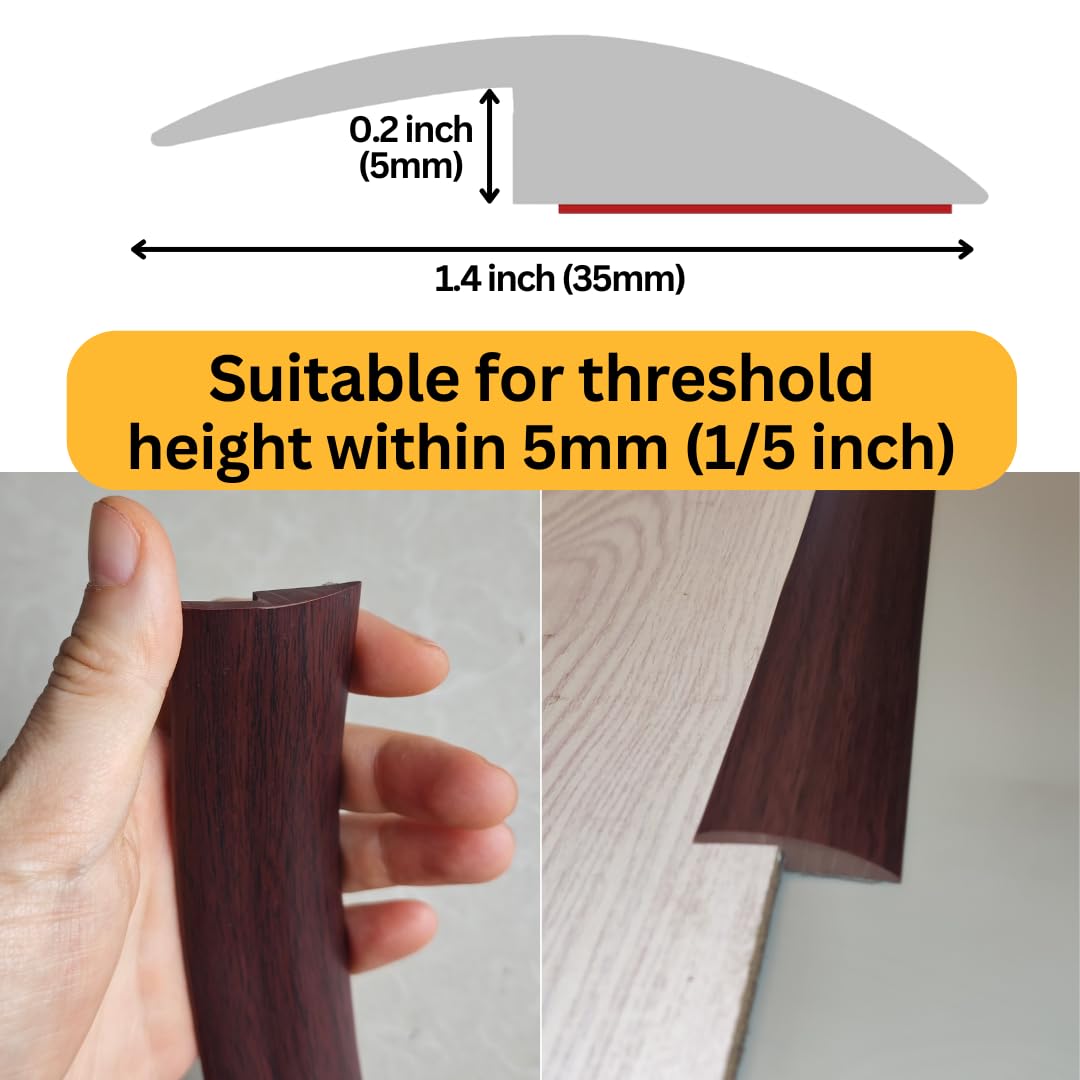 1/5 inch Height Floor Transition Strip, Self Adhesive Carpet Wood Tile Vinyl Flooring Laminate Transition Cover Edge Trim Gap Doorway Threshold for Uneven Floors (40 inches, Red Wine)