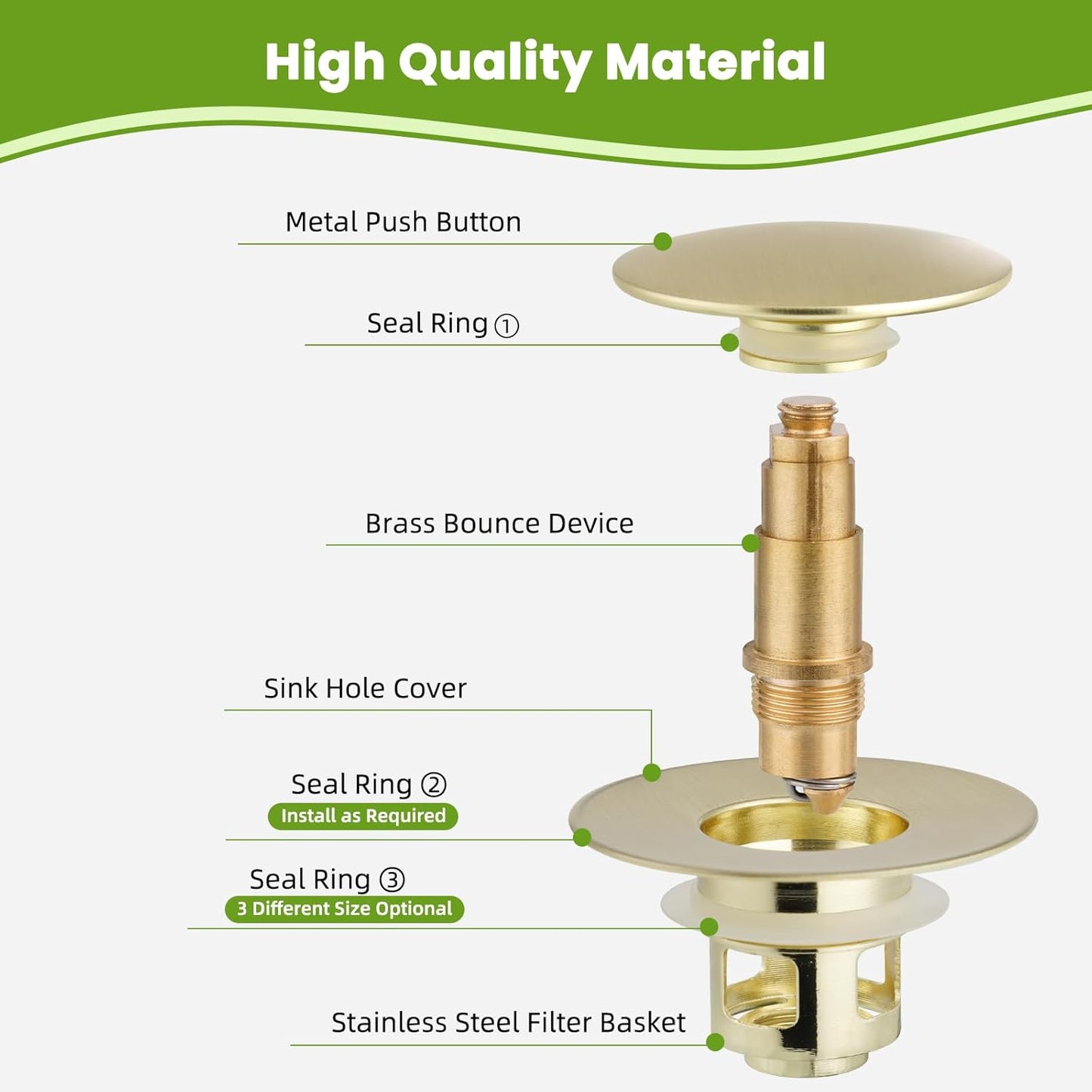 Universal Bathroom Sink Drain Strainer Hair Catcher Upgraded with Removable Stainless Steel Filter Basket, 2 in 1 Pop Up Sink Stopper for 1.1''~2.36'' Sink Basin Hole, Big Cover Cap, Brushed Gold