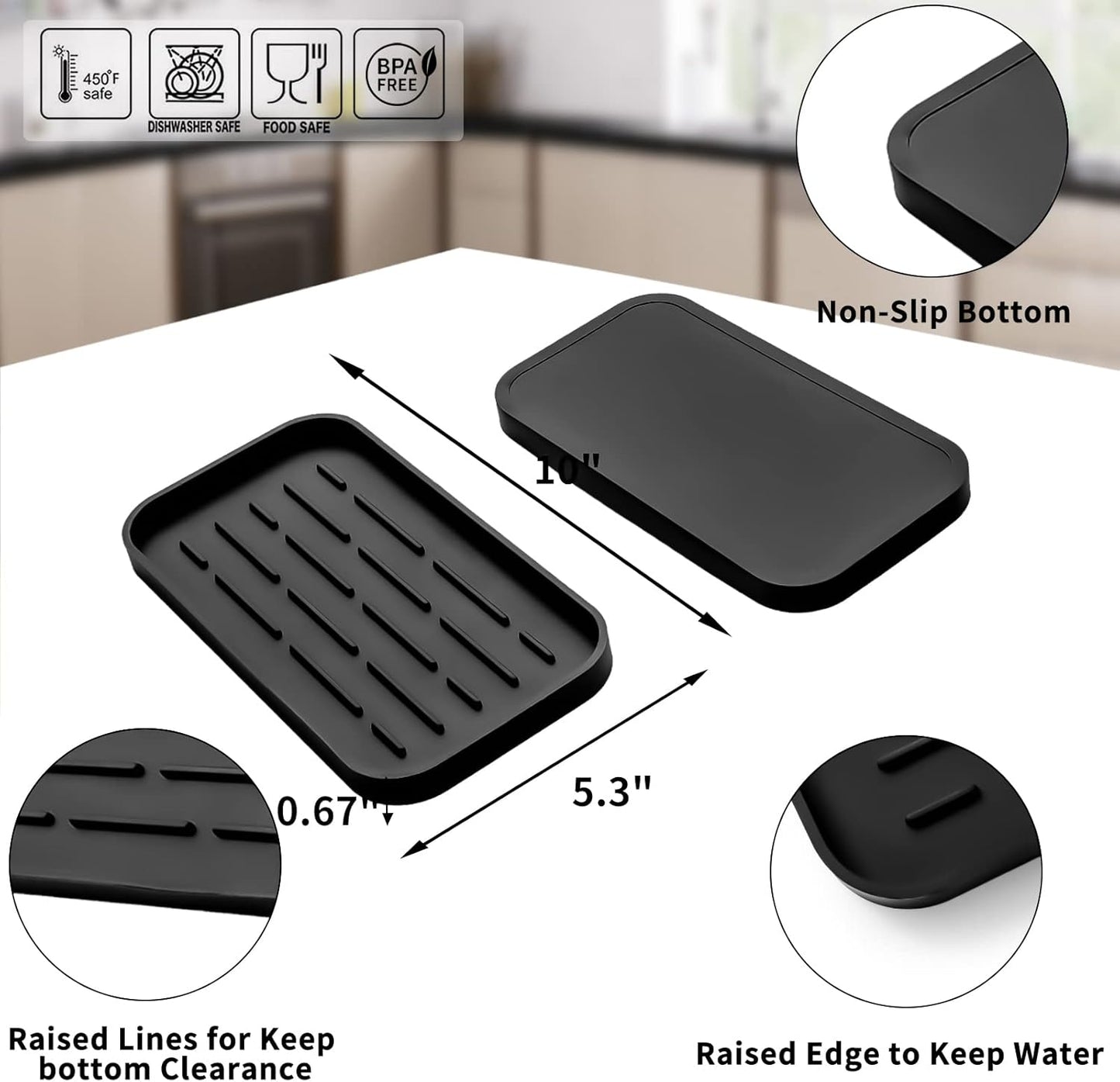 Silicone Kitchen Sink Organizer Tray for Multiple Usage,Eco-Friendly Sponges Holder for Kitchen Bathroom Counter or Sink,Dish Soap Dispenser,Scrubber,Bottle,Cup (Black, 10"×5.3")