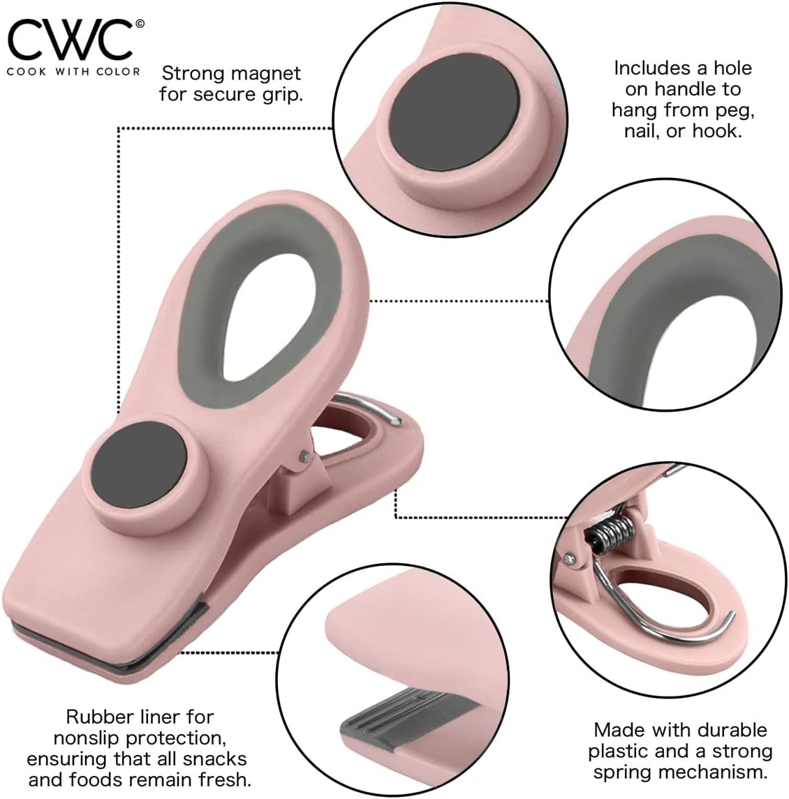 COOK WITH COLOR Bag Clips - Heavy Duty Chip Clip and Refrigerator Magnet Clips for Food Storage with Air Tight Seal Grip, Pink and Grey, Pack of 8