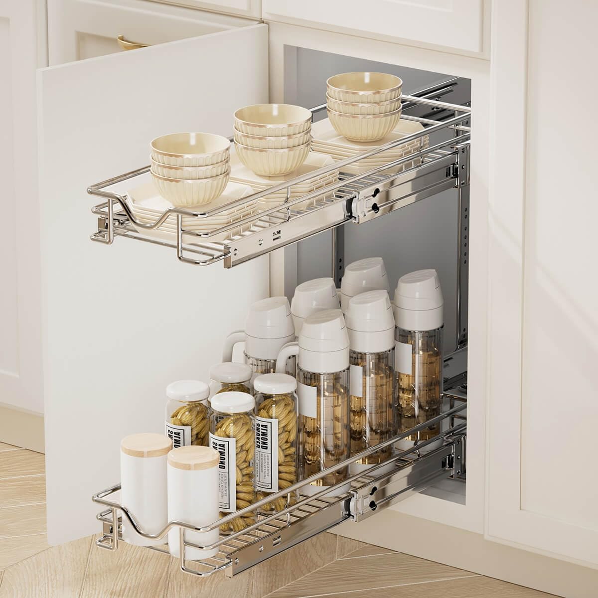 OCG 2 Tier Pull Out Cabinet Organizer (7.5" W x 21.5" D), Pull Out Drawers for Kitchen Cabinets, Pull Out Shelves for Base Cabinet Organization in Kitchen Bathroom Pantry, Chrome Finish