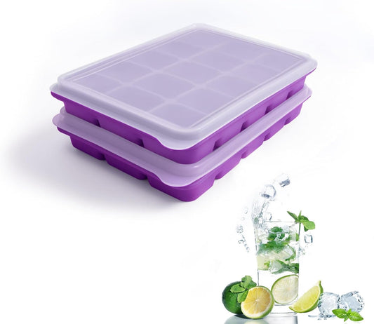 Tvmania Ice Cube Trays Set of 2, Easy Release 15 Flexible Silicone Ice Cube Molds with Removable Lid Reusable Freezer Ice Trays Stackable for Whiskey, Baby Food, BPA Free (purple)