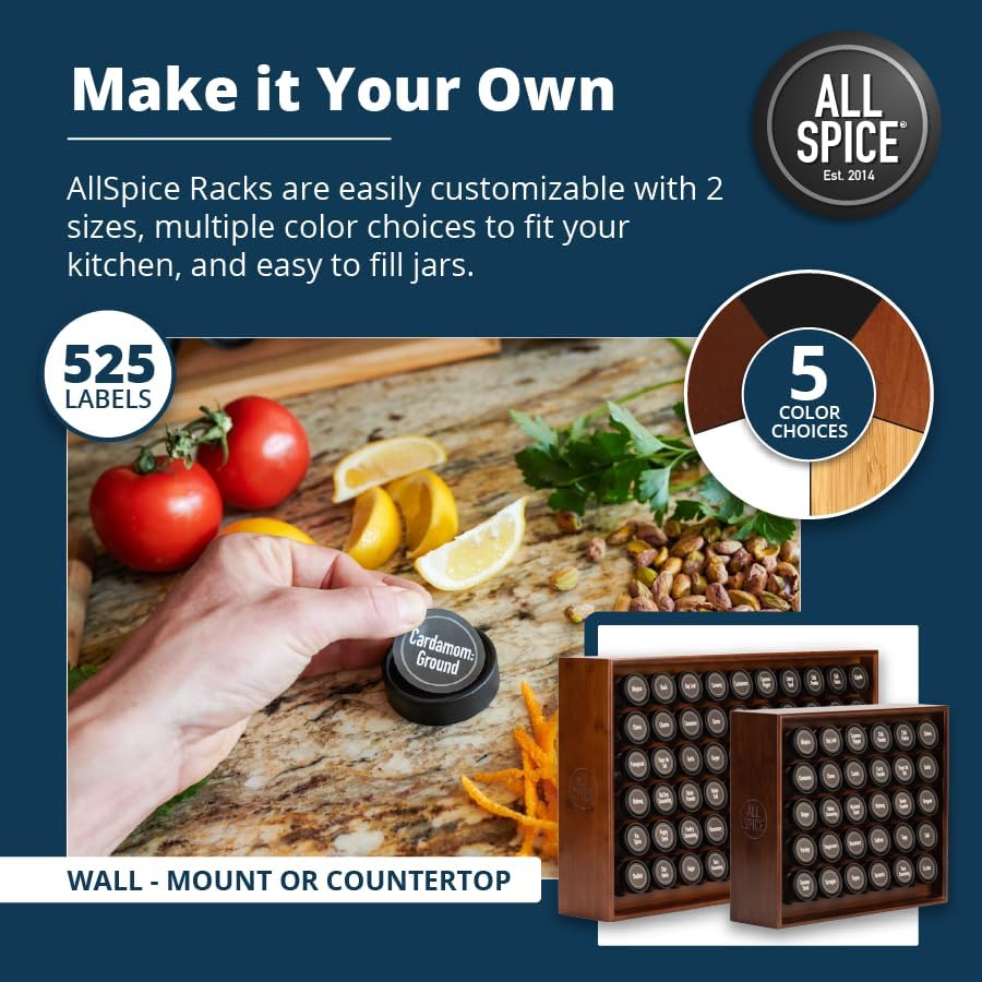 AllSpice Spice Rack Organizer, Wood, 525 Unique Labels, Countertop or Wall Mount, Includes 30 4oz Jars- Walnut Stain
