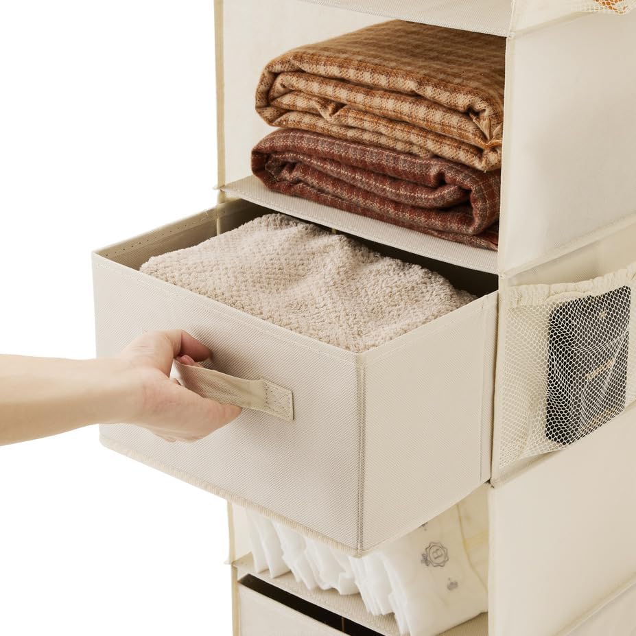 MAX Houser 5 Tier Shelf Hanging Closet Organizer, Cloth Hanging Shelf with 2 Sturdy Hooks for Storage, Foldable (Beige-D2)