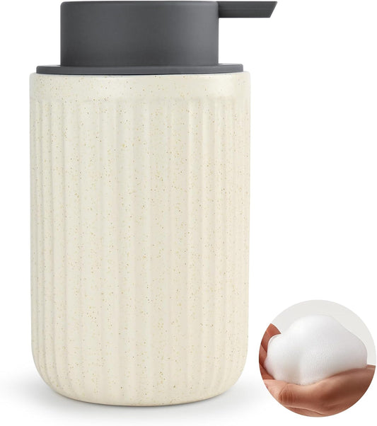 Beige Ceramic Foaming Soap Dispenser, Speckled Rippled 12 oz Bottle with Gray Silicone Pump, Foam Dispenser for Kitchen or Bathroom, Speckled Beige