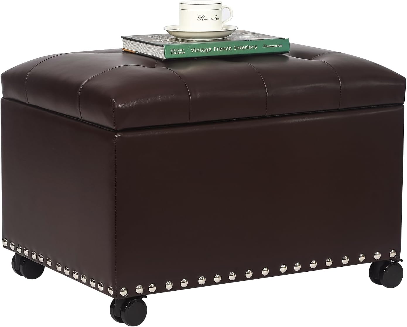 Joveco Leather Storage Ottoman with 360° Caster Wheels 24" Foot Rest Bench Rectangle Ottomans Stool for Living Room Bedroom (Brown, Wheels)