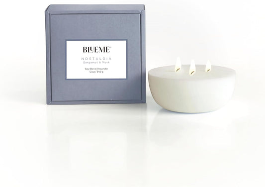 New BLUEME Wellness Candle Wax Refill, Contains Essential Oil, Sustainable, Hand Finished, Hand Poured, Premium, Luxury Ceramic, Natural Cotton Wick (12oz, Bergamot & Musk)