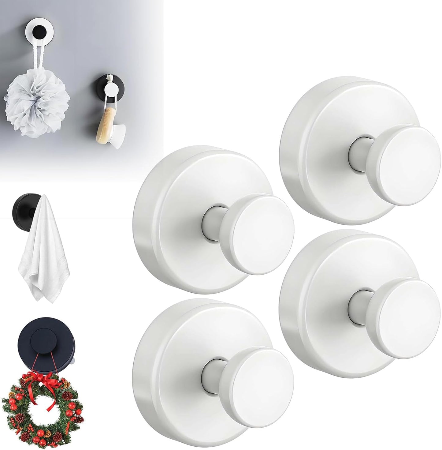 Suction Cup Hooks for Wreaths, 2025 New No Drill Suction Cup Hooks on Glass, Wreath Hanger for Front Door, Rustproof Hook Holder Towel Hook for Window Bathroom Mirrors Tile (4, White)