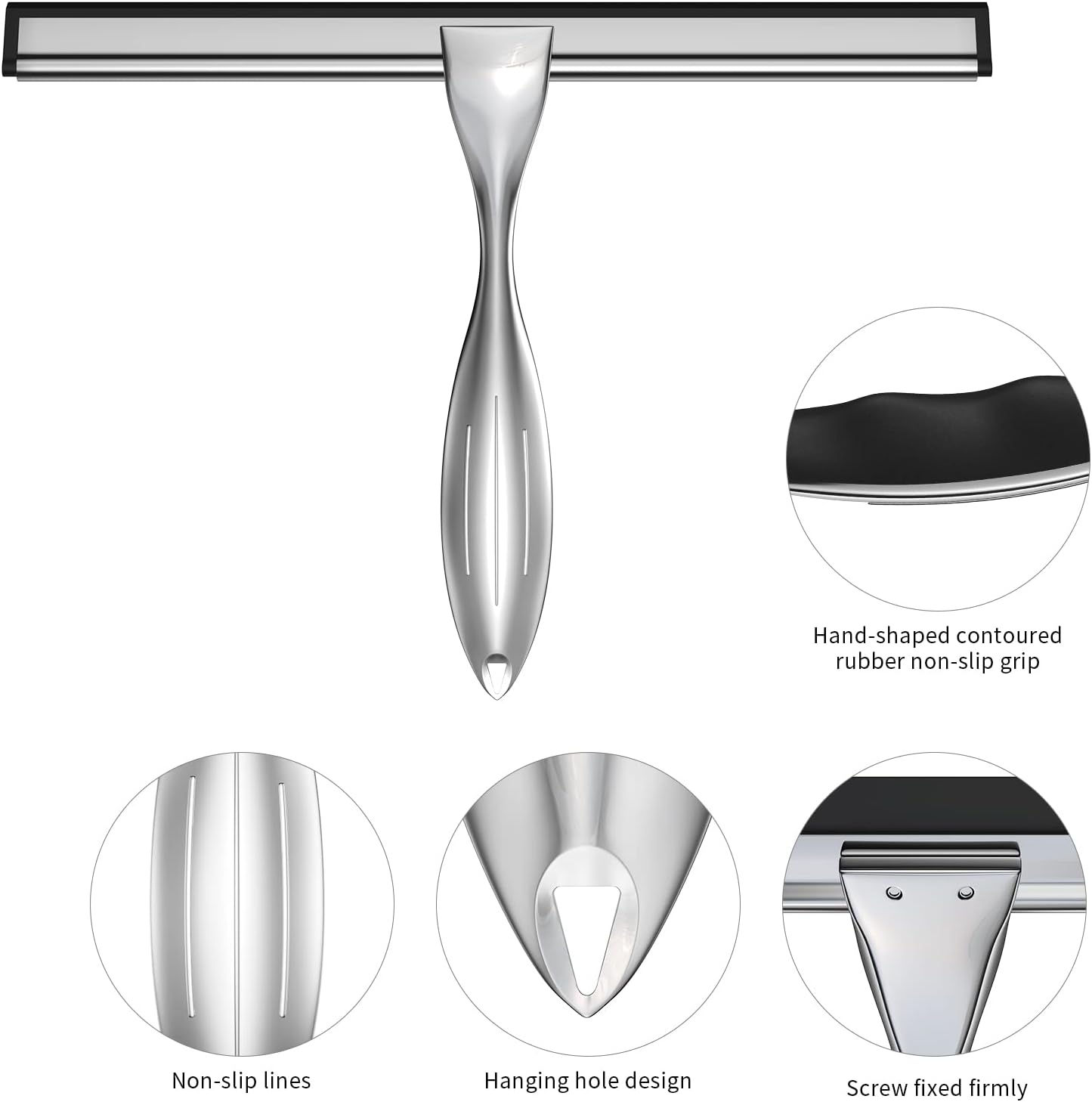 Shower Squeegee Set, 10-Inch Stainless Steel Squeegee for Bathroom, Shower Doors, Mirrors, Tiles, and Car Windows - 100% Streak Free, Includes Shower Door Hook, Adhesive Hook and Spare Silicone Blade