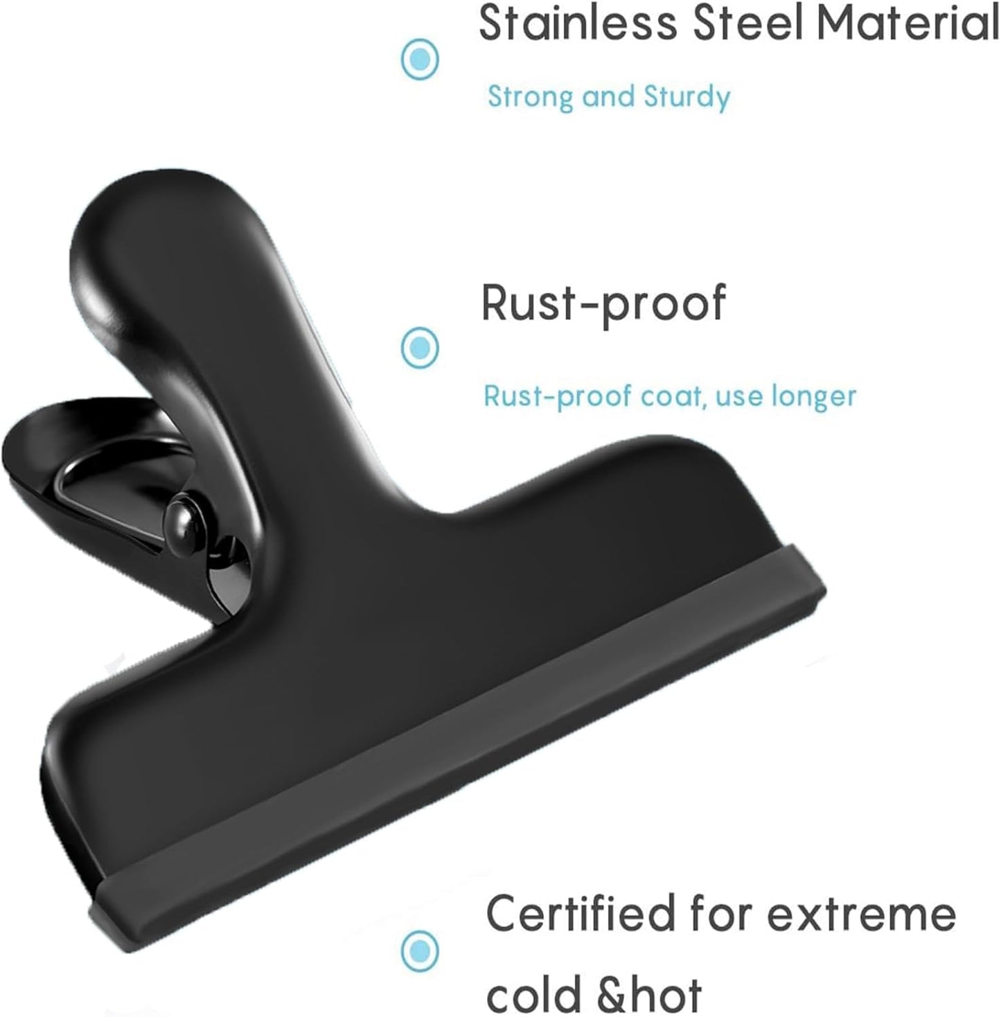 HOUSE AGAIN 12 Pack Stainless Steel Chip Bag Clips Covered with Silicone - NO More Sharp Edges - Color Coded for Food Bags - Air Tight Seal, Heavy Duty for Kitchen and Office, 3 Inches Wide, Black