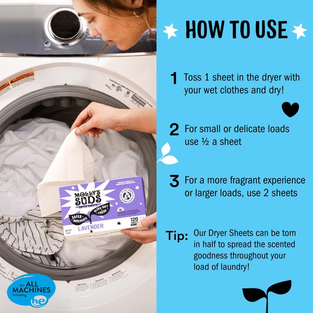 Molly's Suds Fabric Softener Dryer Sheets for Sensitive Skin | Plant-Based Static Reducer, Plastic-Free Packaging | Peppermint (120 Sheets)