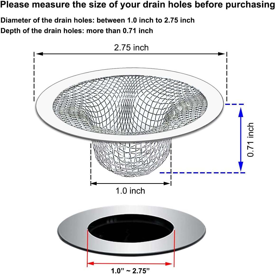 2PCS Tub Drain Hair Catcher - 2.75 inch Shower Drain Mesh Strainer, Stainless Steel Shower Bathtub Drain Cover, Bathroom Sink Strainer Filter Basket for Bathroom Sink, Wash Basin Floor Drain