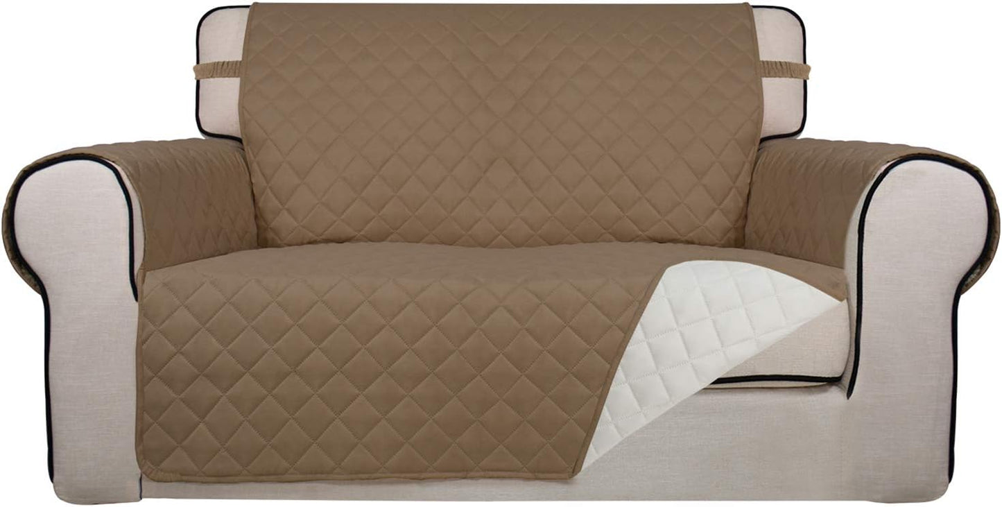 PureFit Reversible Quilted Sofa Cover, Water Resistant Medium Slipcover Furniture Protector, Washable Couch Cover with Non Slip Foam and Elastic Straps for Kids, Dogs, Pets (Loveseat, Camel/Ivory)