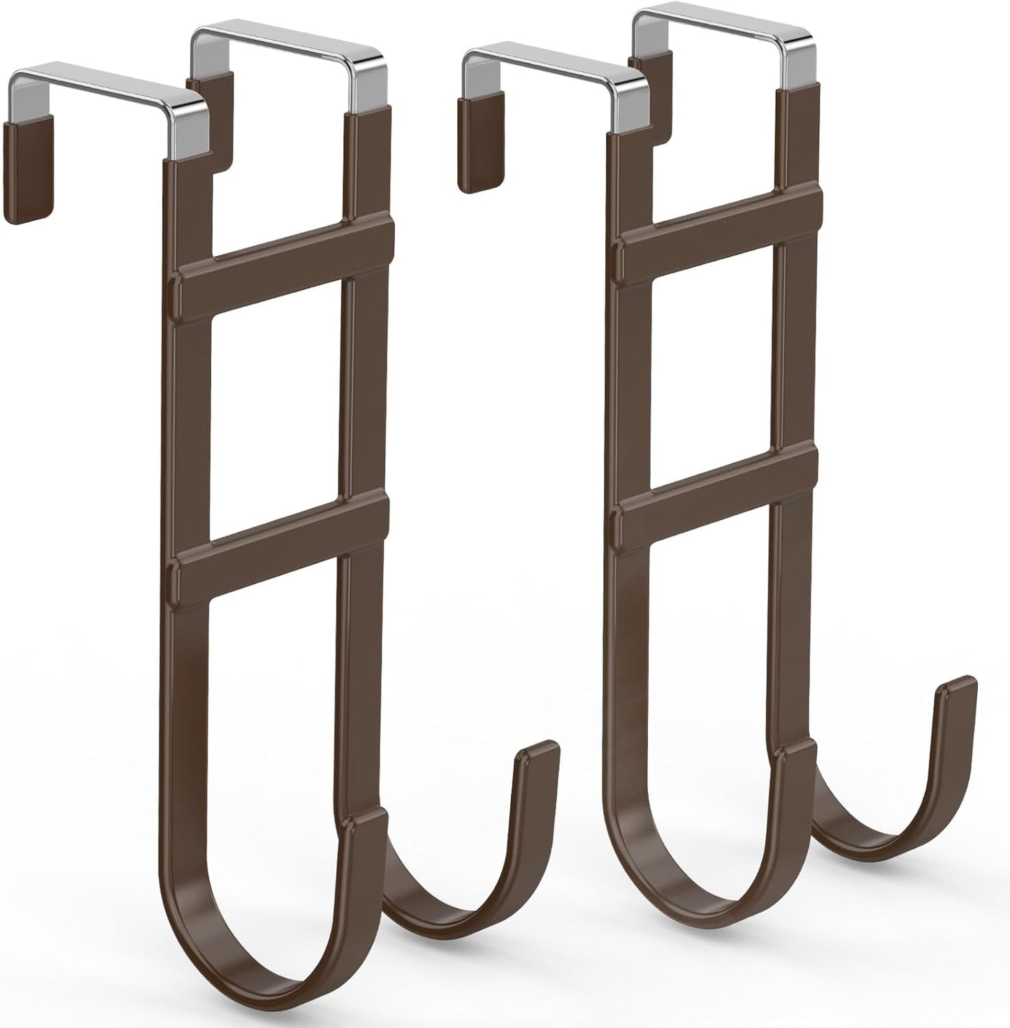FYY Over The Door Hooks - 2 Pack Heavy Duty Dual-Hook Organizer Hanger with Non-Slip Rubber for Towels, Clothes, Hats & Bags Use in Bathroom, Bedroom, Kitchen - Fits Interior Doors Up to 1.6" Brown