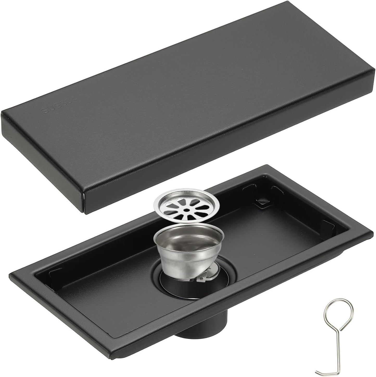 uxcell Rectangular Shower Drain, Brushed 304 Stainless Steel Odor-Proof Floor Drain Linear Shower Drain Hair Catcher for Bathroom Kitchen and Laundry Room(8 Inch, Black)