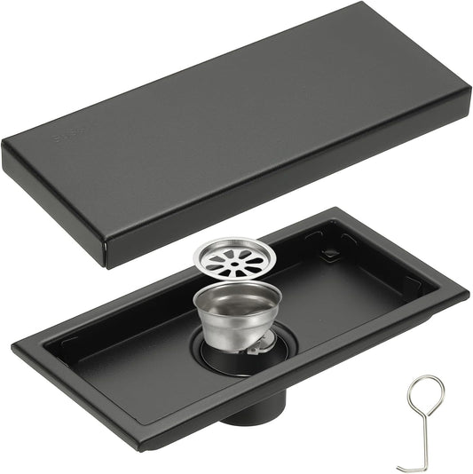 uxcell Rectangular Shower Drain, Brushed 304 Stainless Steel Odor-Proof Floor Drain Linear Shower Drain Hair Catcher for Bathroom Kitchen and Laundry Room(8 Inch, Black)