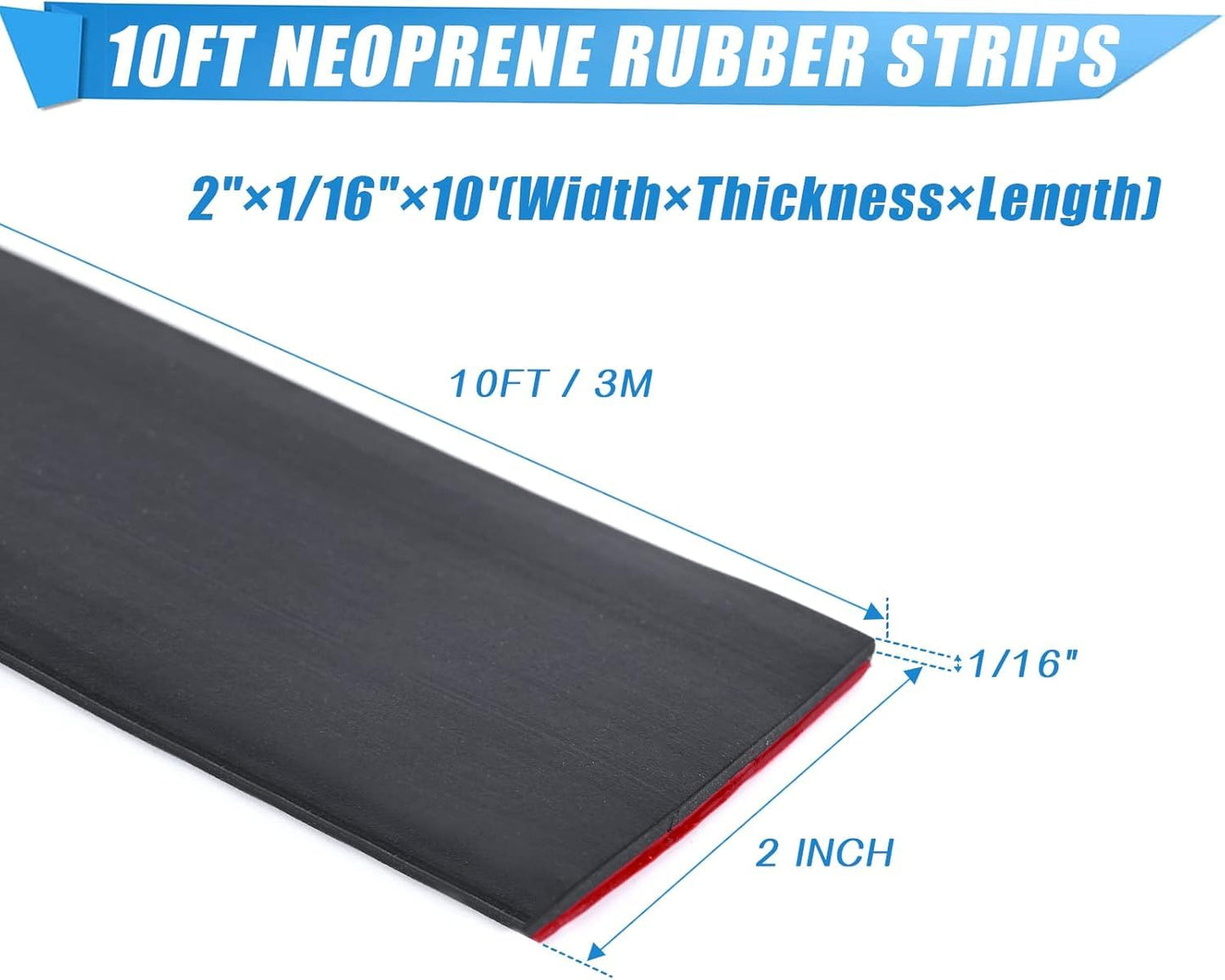 Adhesive Rubber Strips Neoprene Rubber Sheets, Rolls & Strips with Adhesive Backing Rubber Pads Self Stick Seal Rubber Gasket Adhesive Back for Matting Padding - 2" Wide x 1/16" Thick x 10' Long