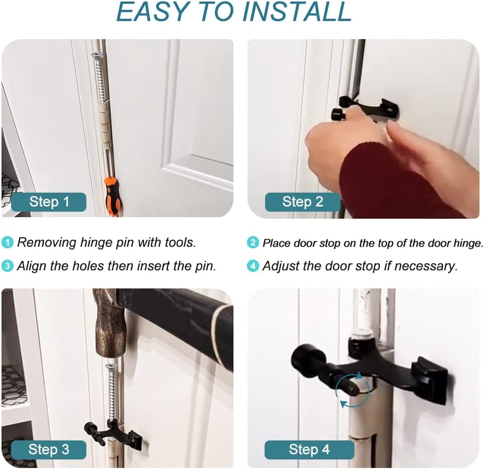 4 Pack Hinge Pin Black Door Stopper, Adjustable Heavy Duty Hinge Pin Door Stop with Black Rubber Bumper Tips