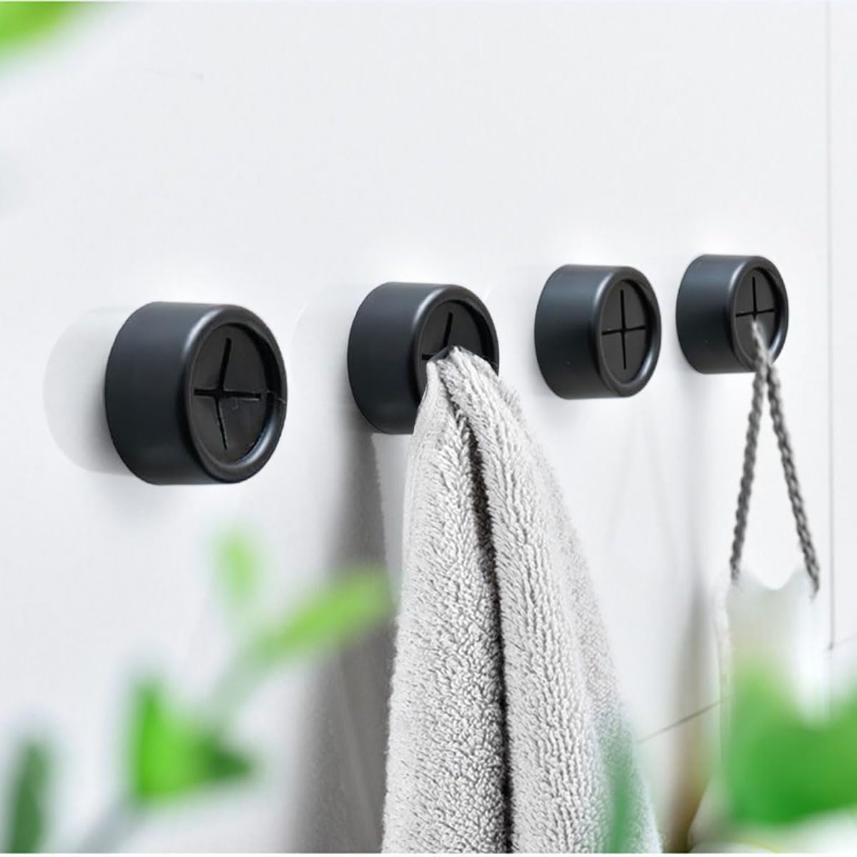 Adhesive Kitchen Dish Towel Hooks - 4 Pack iBetterLife Hand Towel Holder for Cabinet, Push Towel Hook, Dish Cloth Rag Holder for Home Bathrooms, Kitchens, Garages, RV, Within Easy Reach, Matte Black