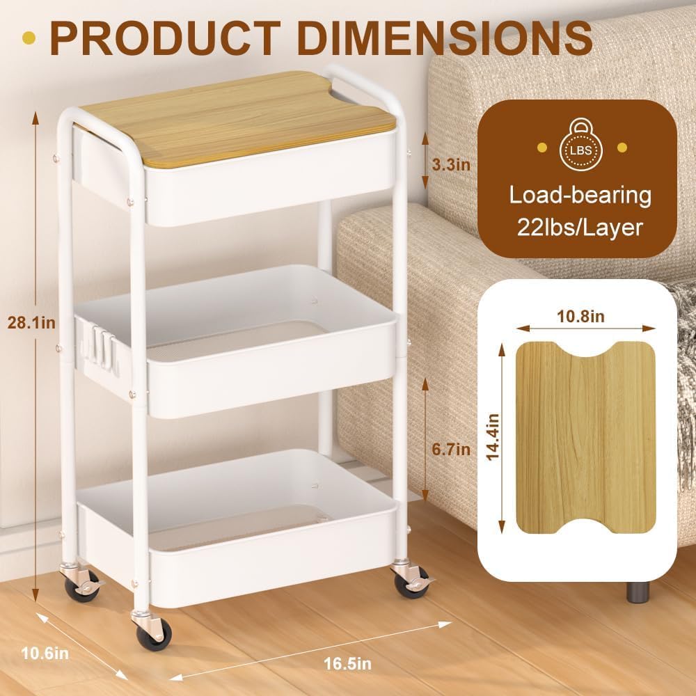 3 Tier Metal Utility Cart, Rolling Storage Cart with Wooden Tabletop, Metal Organizer Cart with Lockable Wheels for Office, Bedroom, Kitchen and Living Room (White)