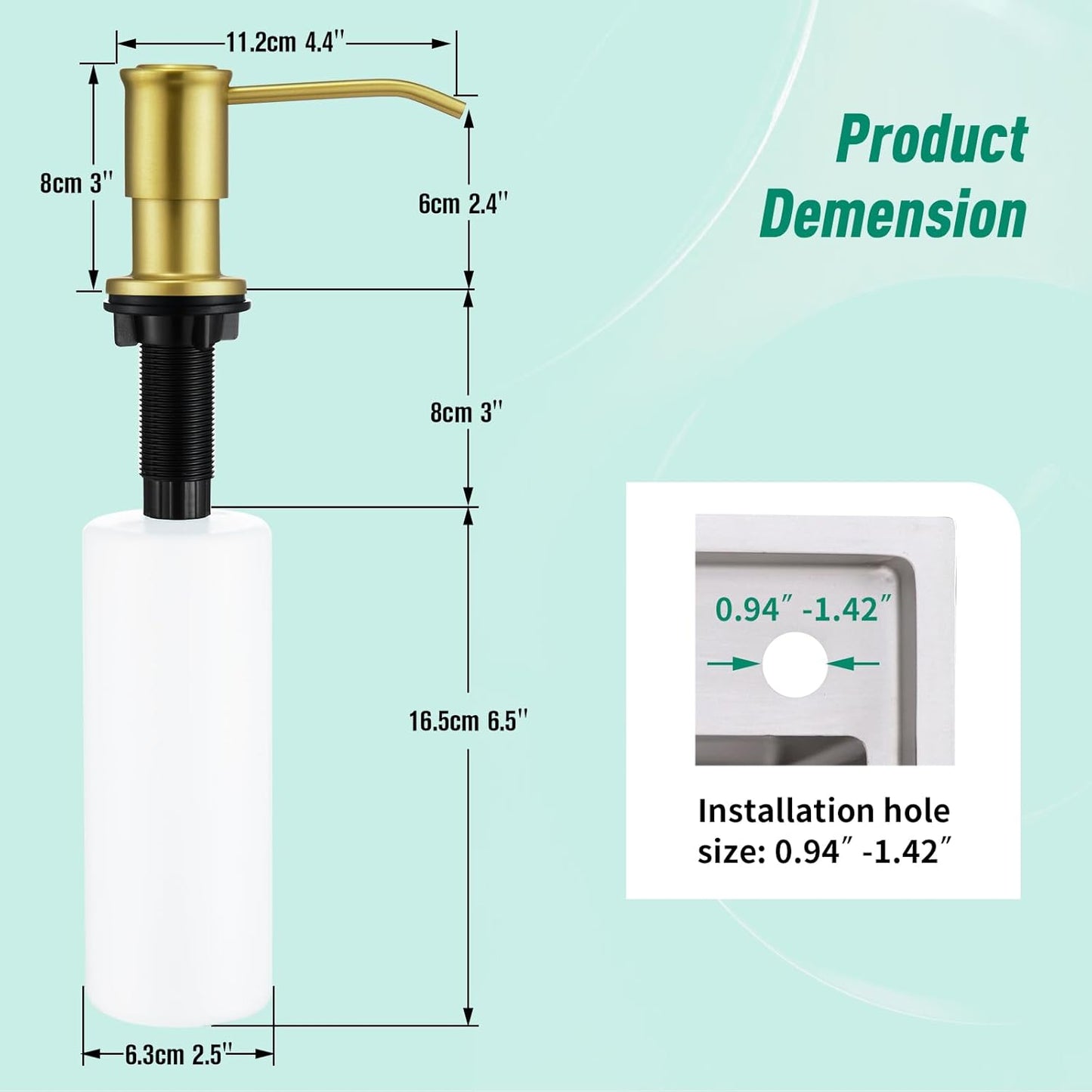 CREA Brushed Gold Kitchen Soap Dispenser Countertop Soap Dispenser for Kitchen Sink, Built in Sink Soap Dispenser for Bathroom with 39" Tube Large Capacity 17 OZ Bottle