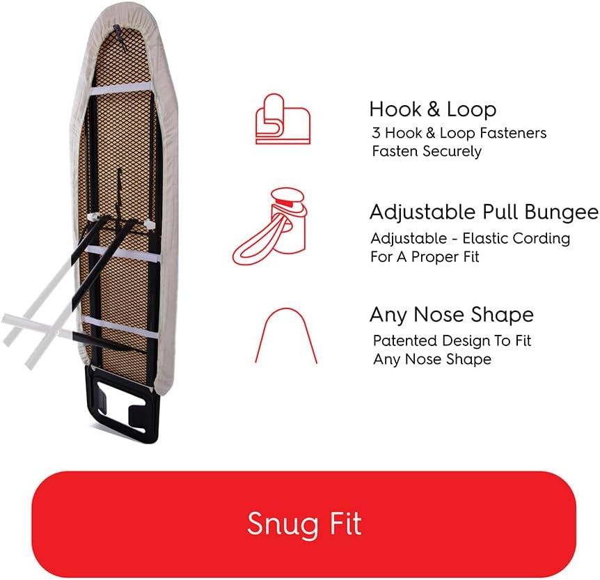 TIVIT Ironing Board Cover 13 x 44 Small Chemical Free Eco-Friendly Padded Covers - Unbleached, Untreated Natural Cotton & Wool Pad - 2 Layer, 3 Fastener Straps, Pull Bungee Cord - Made in Italy