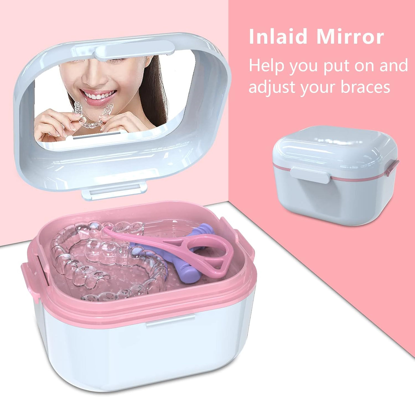 BVN Denture Bath Denture Case: Denture Cup for Soaking Dentures, Retainer Cleaner Case with Mirror, Mouth Guard Case, Aligner Case, Retainer Holder, Night Guard Case, False Teeth Container White