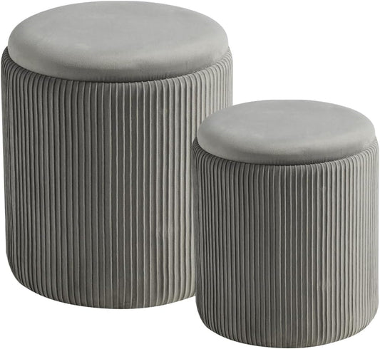 Round Set of 2 Ottoman with Storage-Upholstered Velvet Vanity Stool for Makeup Multifunctional Ottomans Coffee Table Padded Seat Foot Rest for Living Room&Bedroom (Ligth Grey)