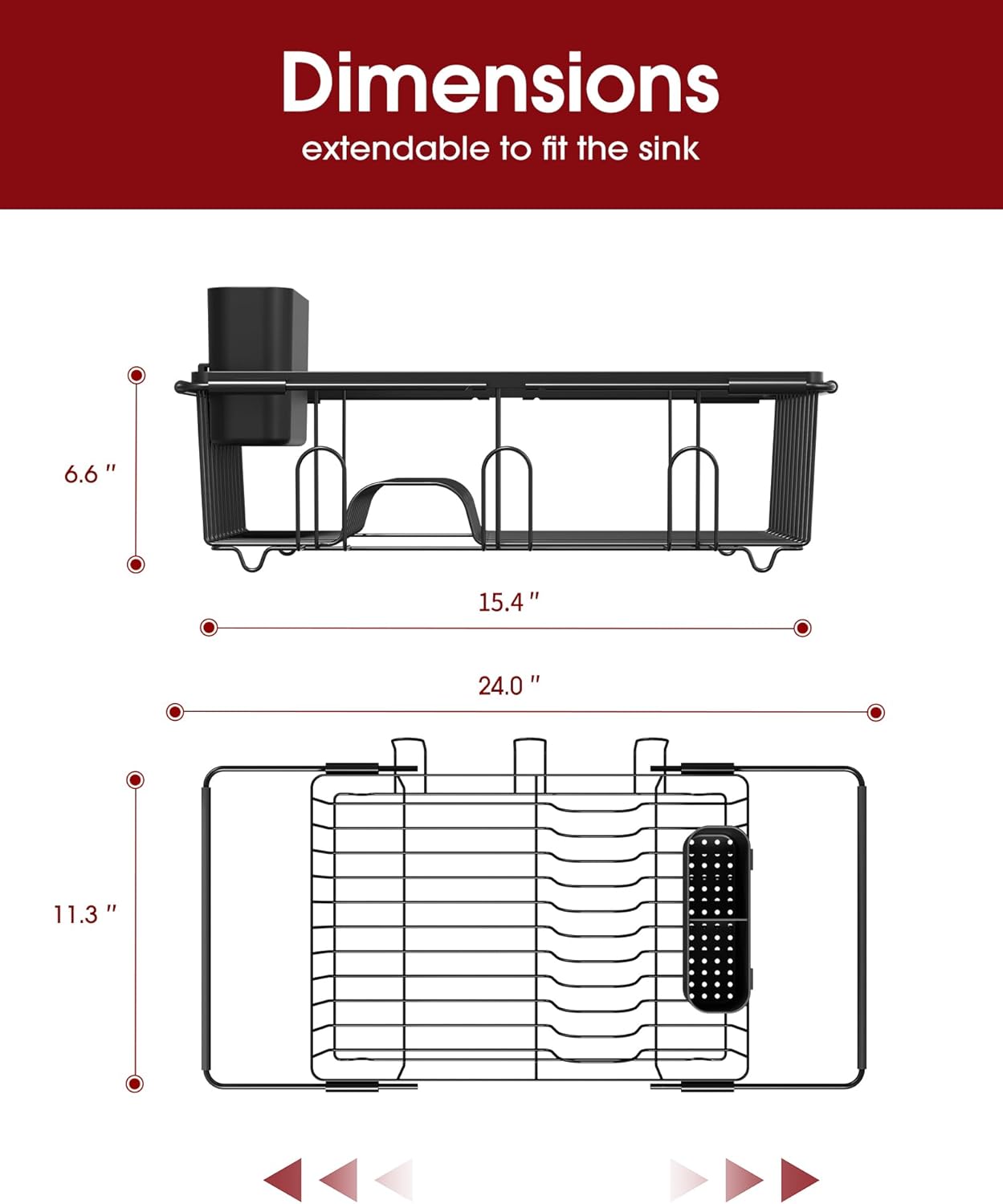 Dish Drying Rack in Sink - Expandable Stainless Steel Dish Rack Over The Sink, Kitchen Sink Drain Strainer with Cutlery Holder & Cup Holders, 15.4 x 11.3 x 6.6 Inch, Black