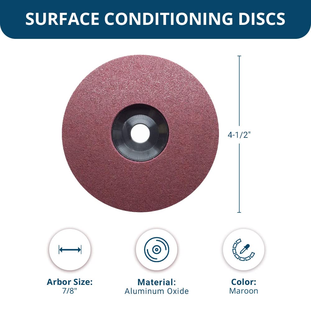 Benchmark Abrasives 4-1/2" Diameter Surface Preparation Non Woven Discs with 7/8" Arbor for Die Grinder Surface Grinding Polishing Burr Finish Rust Paint Removal (Pack of 10) (Maroon - Fine)