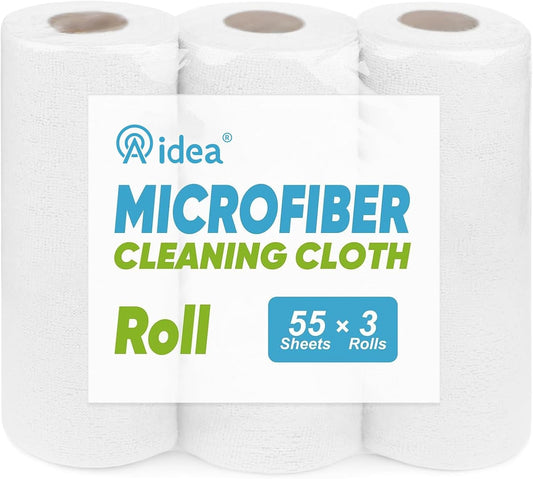 AIDEA Microfiber Cleaning Cloth Roll, Shop Towels 165 Sheets(3 Roll), Tear Away Reusable Paper Towels, White Rags for Bars, Cleaning Rags for Automotive, Mechanic, Workshops, House, 11×9"