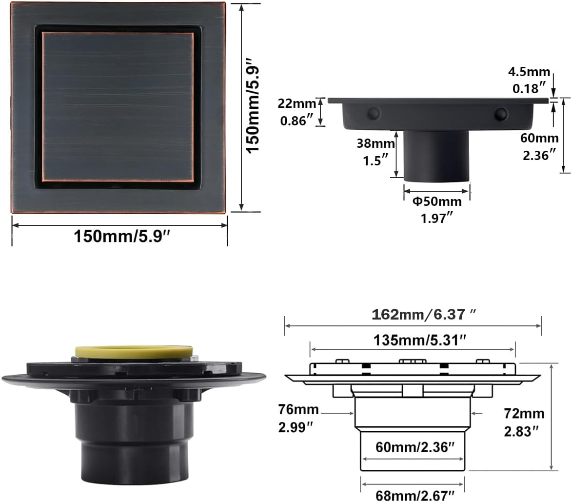 RANDOM Oil Rubbed Bronze Shower Drain Square 6 inch with Adjustable PVC Base Flange,SUS304 Stainless Steel Shower Floor Drain Kit with Tile Insert Shower Drain Cover and Hair Strainer