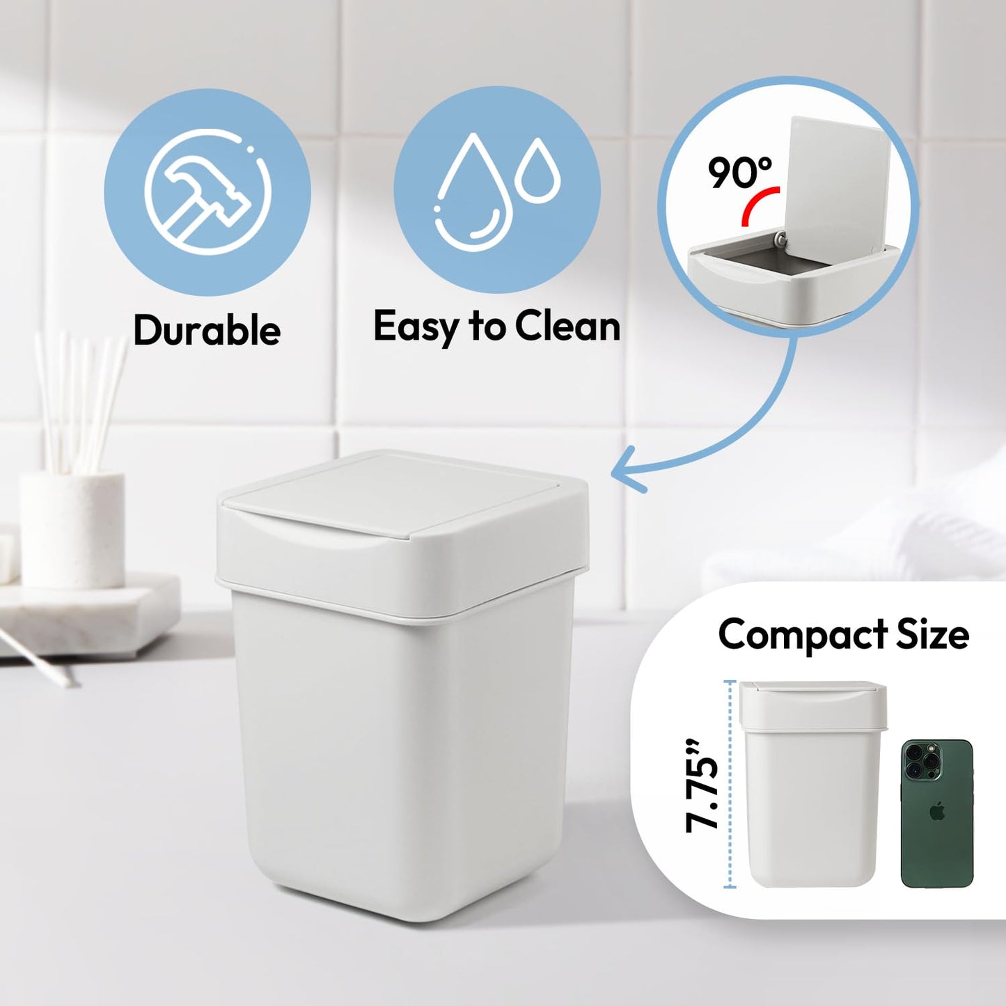 carrotez Mini Trash Can, Countertop Trash Can with Lid, 2 Liter/ 0.5 Gallon, Waste Basket, Garbage Container for Coffee Bar, Bathroom, Kitchen, Office, Desk, Bedroom - White