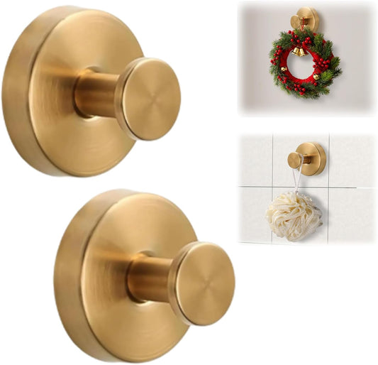 Suction Cup Hooks for Wreaths on Glass, No-Drill Suction Cup Hooks, Wreath Hangers for Front Doors, Metal Towel Hooks for Showers Bathrooms Mirrors (2Pcs Gold)