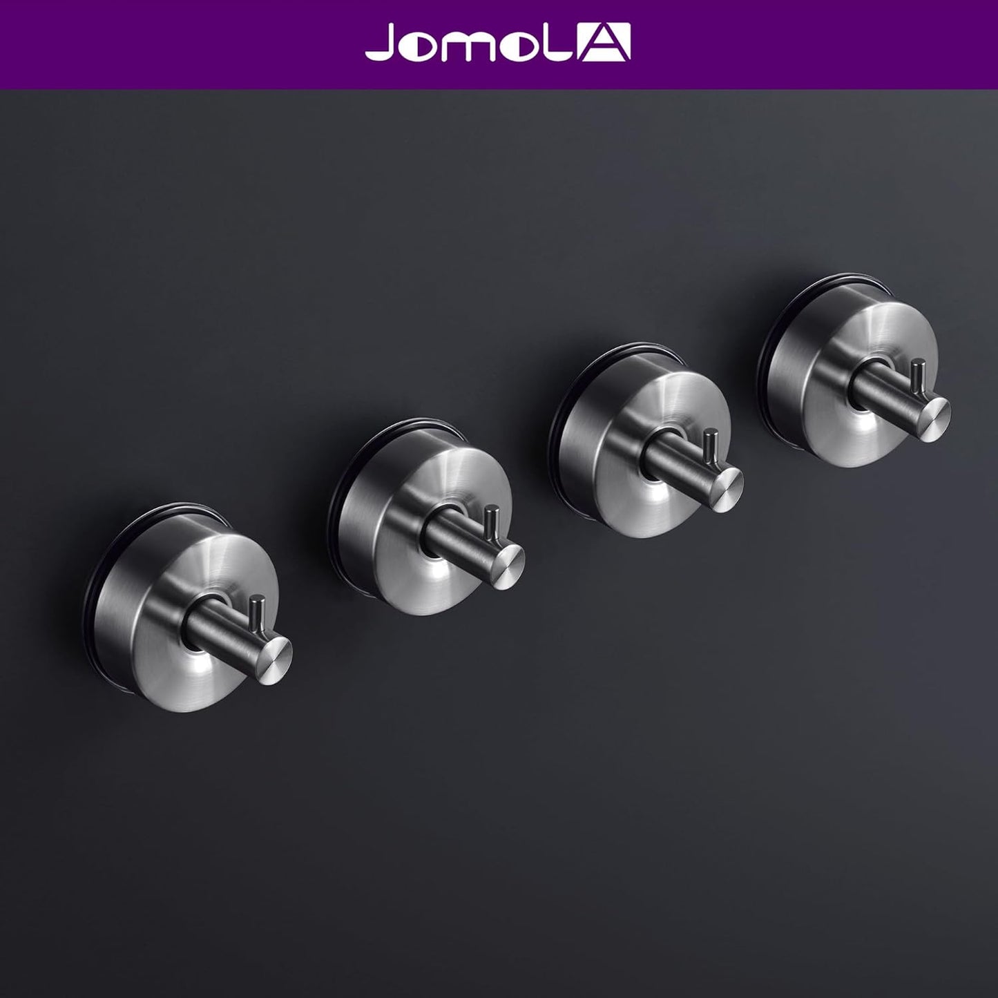 JOMOLA Brushed Stainless Steel Shower & Bathroom Hooks - No Drill Adhesive-Free Suction Cup Hardware, Rustproof Waterproof Metal Wall Mount for Towel Robe, Damage-Free (4-Pack)