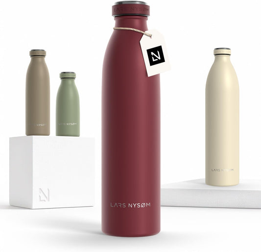 LARS NYSØM Stainless Steel Insulated Water Bottle 12oz 17oz 25oz 34oz 51oz | Insulated Thermo Flask for Hot and Cold Beverages | Leakproof Drinking Bottle (Berry Red, 25.4oz)