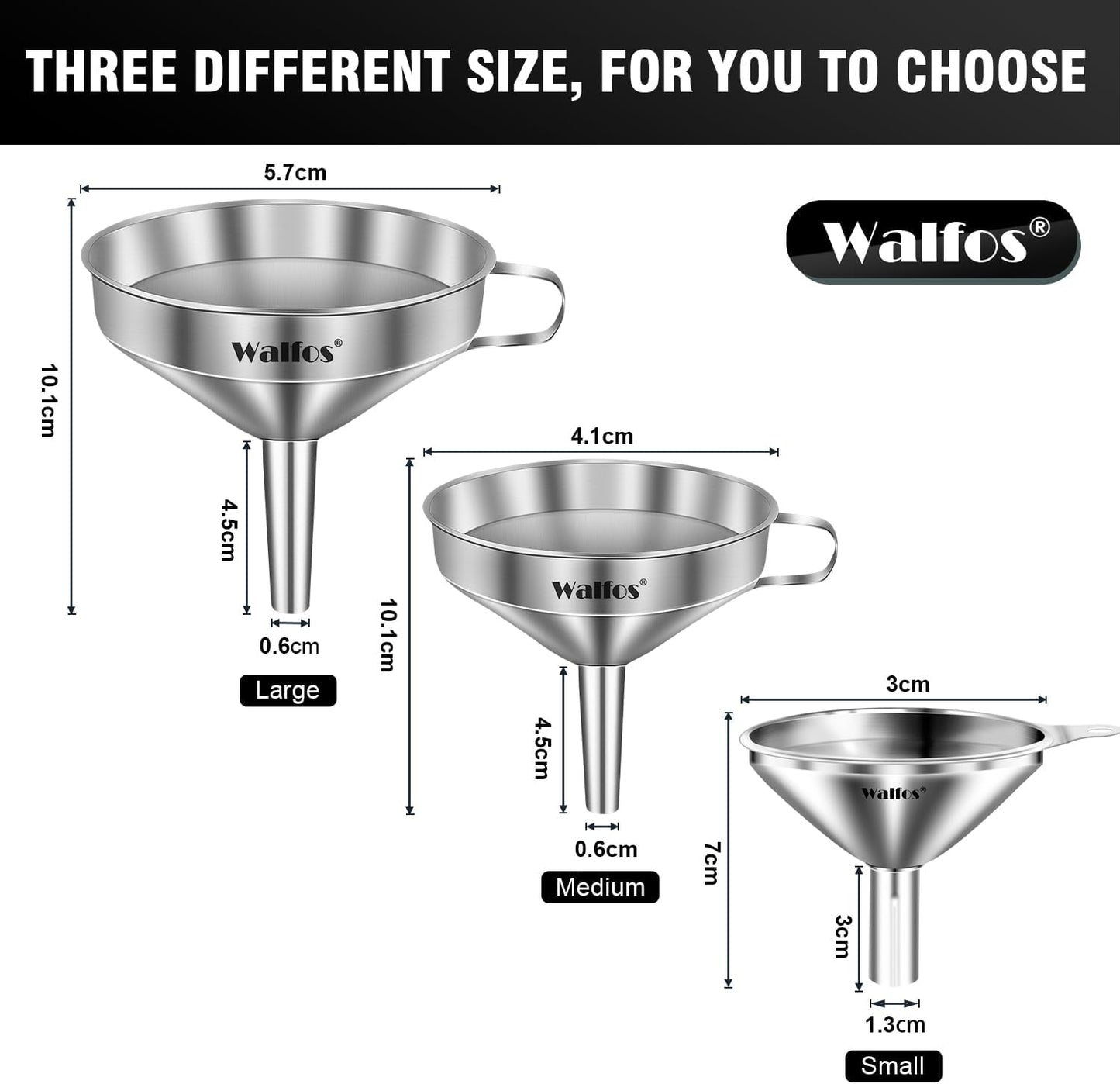 Stainless Steel Funnel, Walfos 3 Different Sizes of Kitchen funnels with 2 Removable Strainer ＆ 1Pcs Cleaning Brush, for Transferring of Liquid, Oils, Jam, Powder
