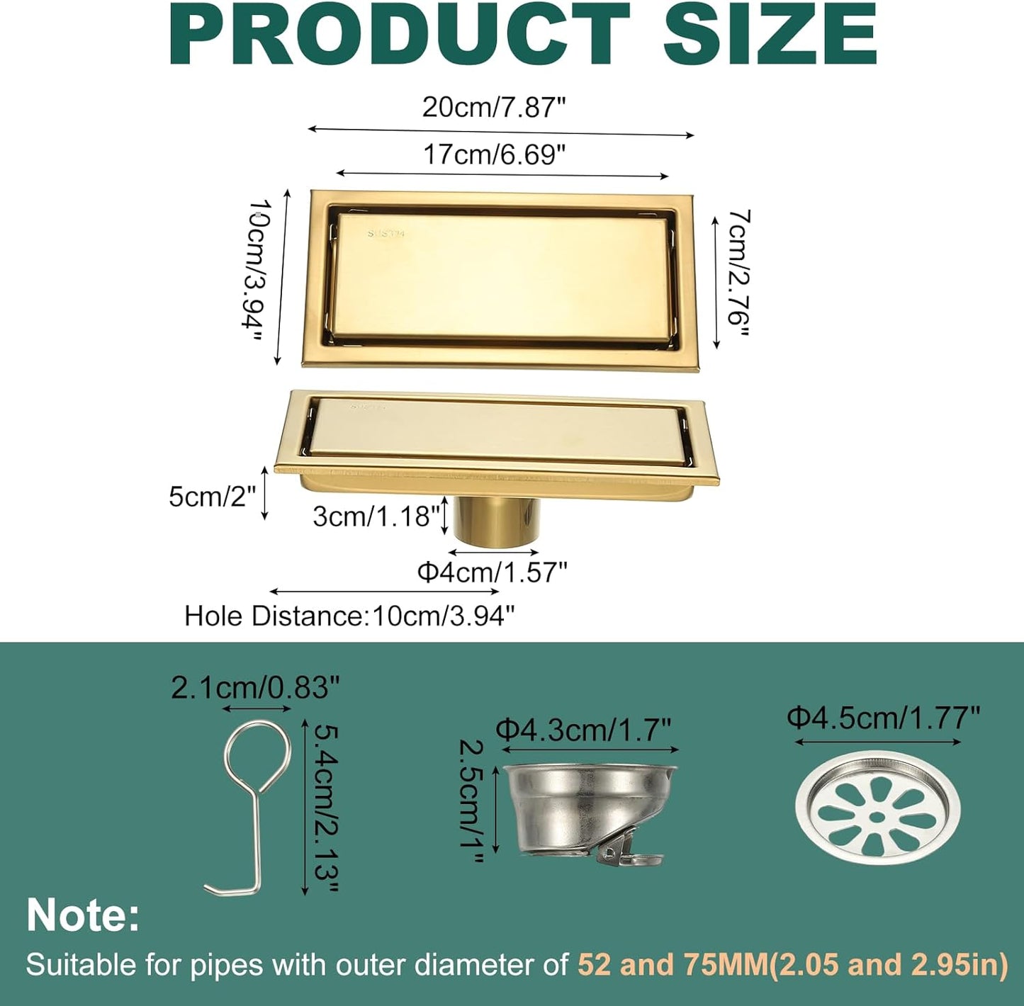 uxcell Rectangular Shower Drain, Brushed 304 Stainless Steel Odor-Proof Floor Drain Linear Shower Drain Hair Catcher for Bathroom Kitchen and Laundry Room(8 Inch, Gold)