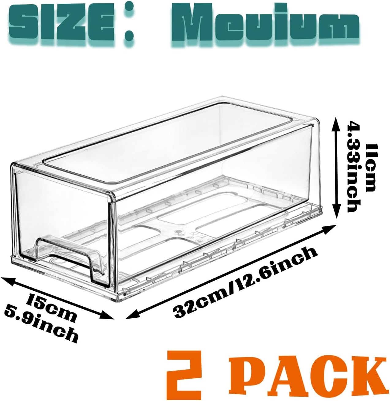 PeJeyiee 2 Pack Clear Stackable Refrigerator Organizers and Storage Drawers - Pull-Out Fridge Bins with Anti-Slip Base & Easy Clean, Plastic Organizers for Kitchen Pantry Cabinet Closet (Medium)