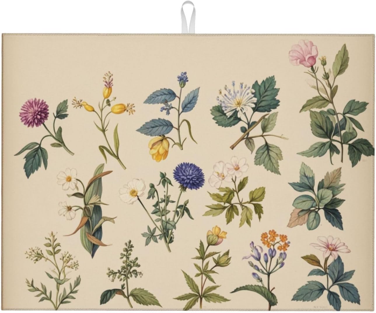 Vintage Plants Herbs Floral Dish Drying Mat Highly Absorbent Double-Sided Microfiber with Hanging Loop Reversible Drain Dish Rack Mat Drain Mat Suitable for Kitchen Countertop Coffee Bar 18 x 24 Inch