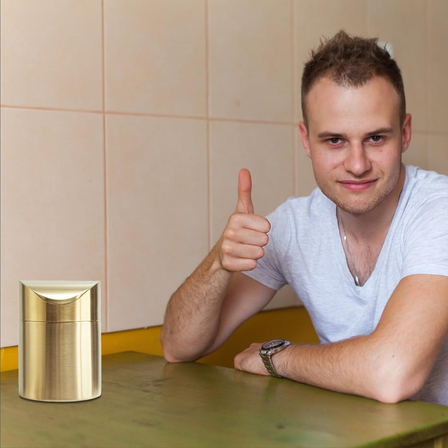 Stainless Steel Trash Can with Swing Lid, Mini Countertop Trash Bin Bathroom, Golden Desktop Garbage Cans Tiny Kitchen Waste Bins with Trash Bag