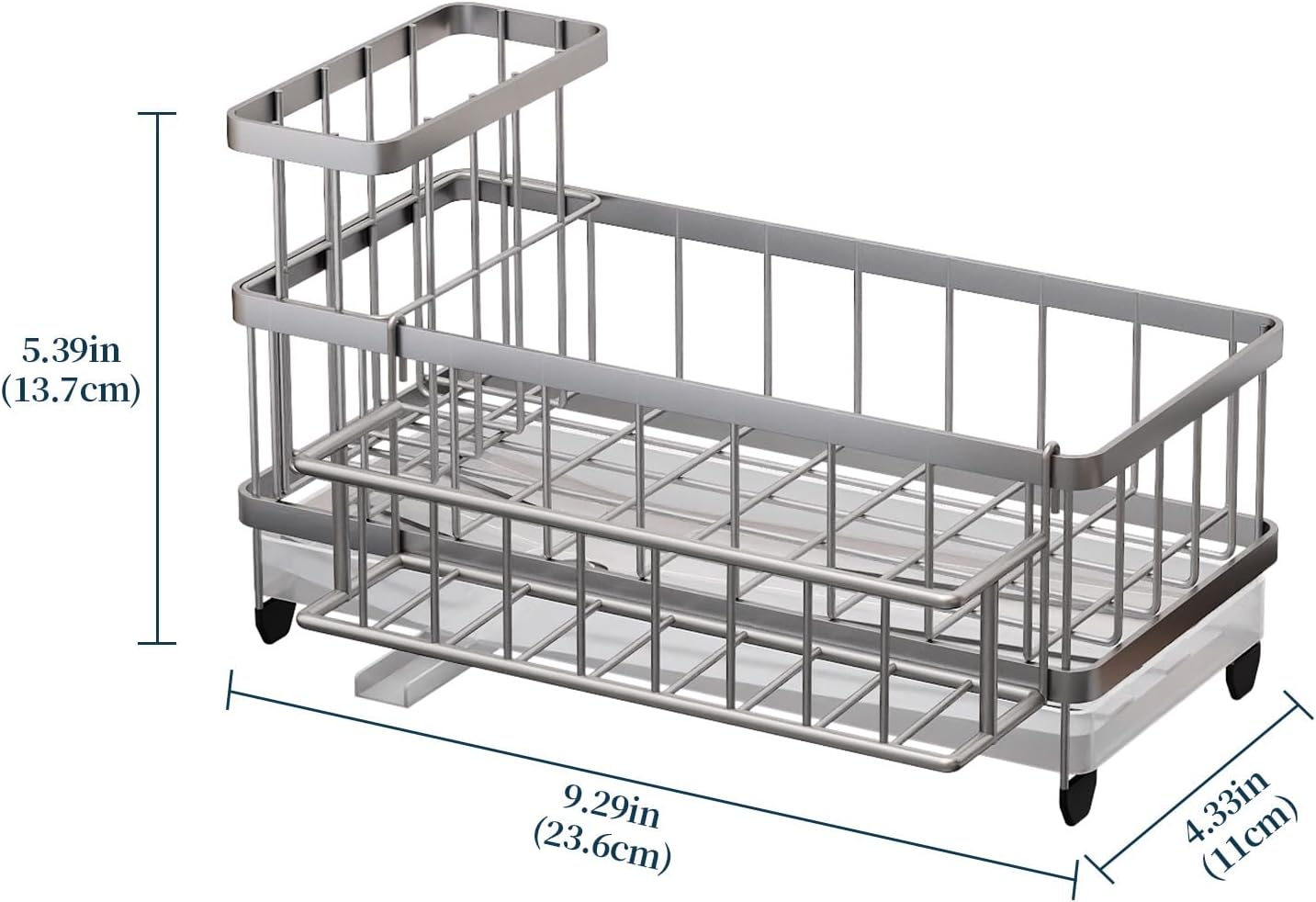 Consuemst Sponge Holder for Kitchen Sink - Auto Draining Sink Caddy Organizer with Detachable Rack, High Brush Holder, Kitchen Countertop Storage Accessories, Silver