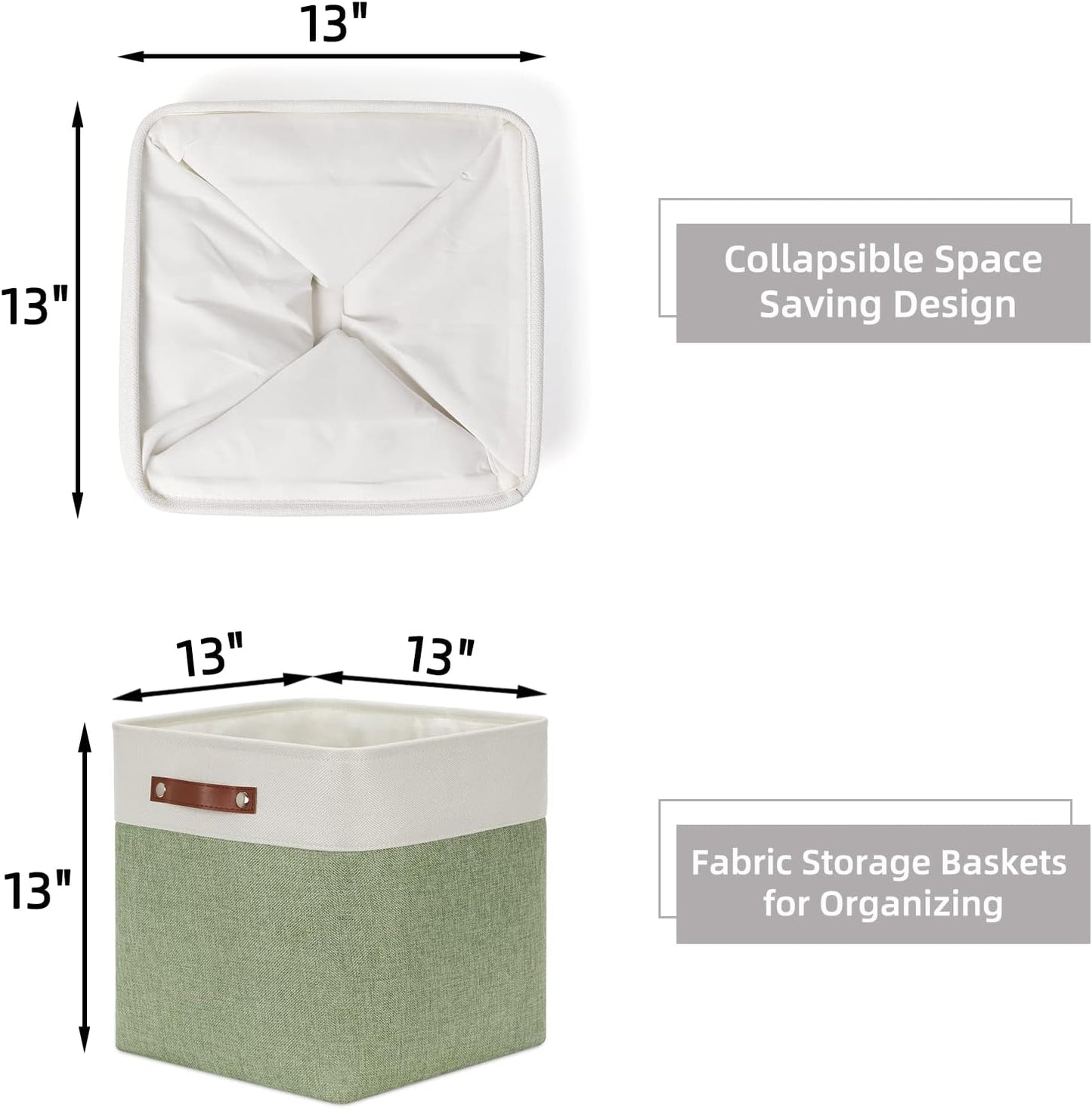 HNZIGE Foldable Storage Cubes & Baskets (3 Pack) - 13 Inch Storage Bin with Leather Handles for Toys, Clothes, Kids (White & Green)