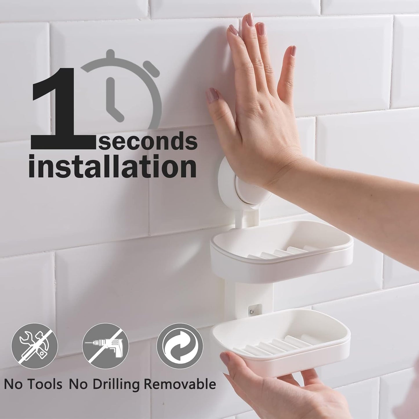 LEVERLOC Soap Dish Holder for Shower Double Layer Suction Cup Wall Mounted NO-Drilling Self Draining Removable Waterproof Strong Suction Bar Soap Sponge Holder for Shower Bathroom Bathtub Kitchen