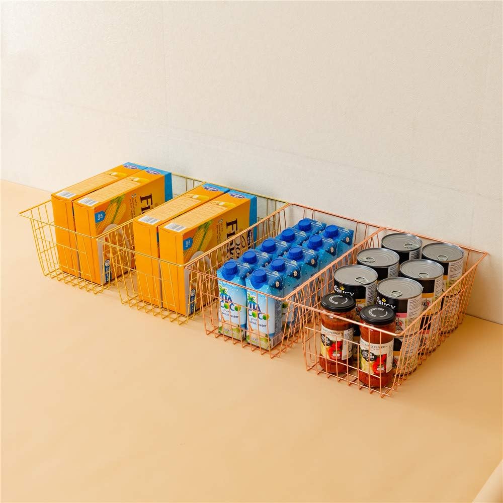 SANNO Wire Storage Basket, Farmhouse Pantre Freezer Baskets bins Metal Baskets Kitchen Storage Organizer Bin for Pantry, Shelf, Freezer, Kitchen Cabinet, Bathroom, Rose Gold