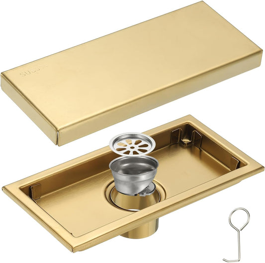 uxcell Rectangular Shower Drain, Brushed 304 Stainless Steel Odor-Proof Floor Drain Linear Shower Drain Hair Catcher for Bathroom Kitchen and Laundry Room(8 Inch, Gold)