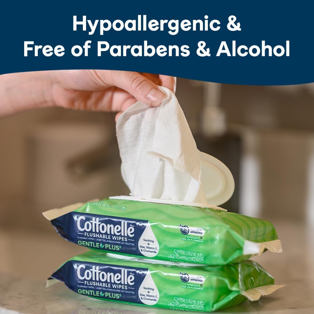 Cottonelle GentlePlus Flushable Wet Wipes with Aloe & Vitamin E, 4 Flip-Top Packs, 42 Wipes Per Pack (168 Total Wipes), Packaging May Vary