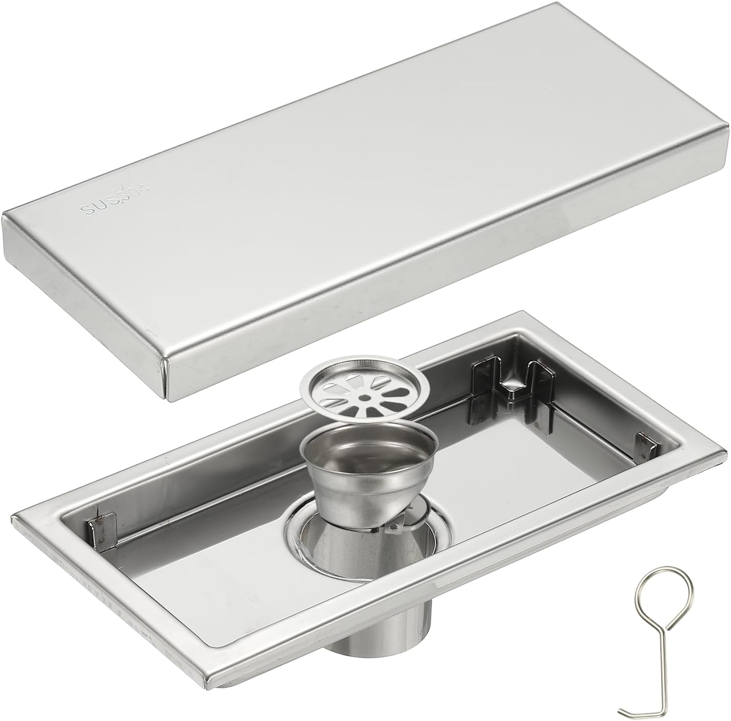 uxcell Rectangular Shower Drain, Brushed 304 Stainless Steel Odor-Proof Floor Drain Linear Shower Drain Hair Catcher for Bathroom Kitchen and Laundry Room(8 Inch, Bright Silver)