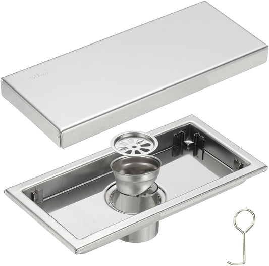 uxcell Rectangular Shower Drain, Brushed 304 Stainless Steel Odor-Proof Floor Drain Linear Shower Drain Hair Catcher for Bathroom Kitchen and Laundry Room(8 Inch, Bright Silver)