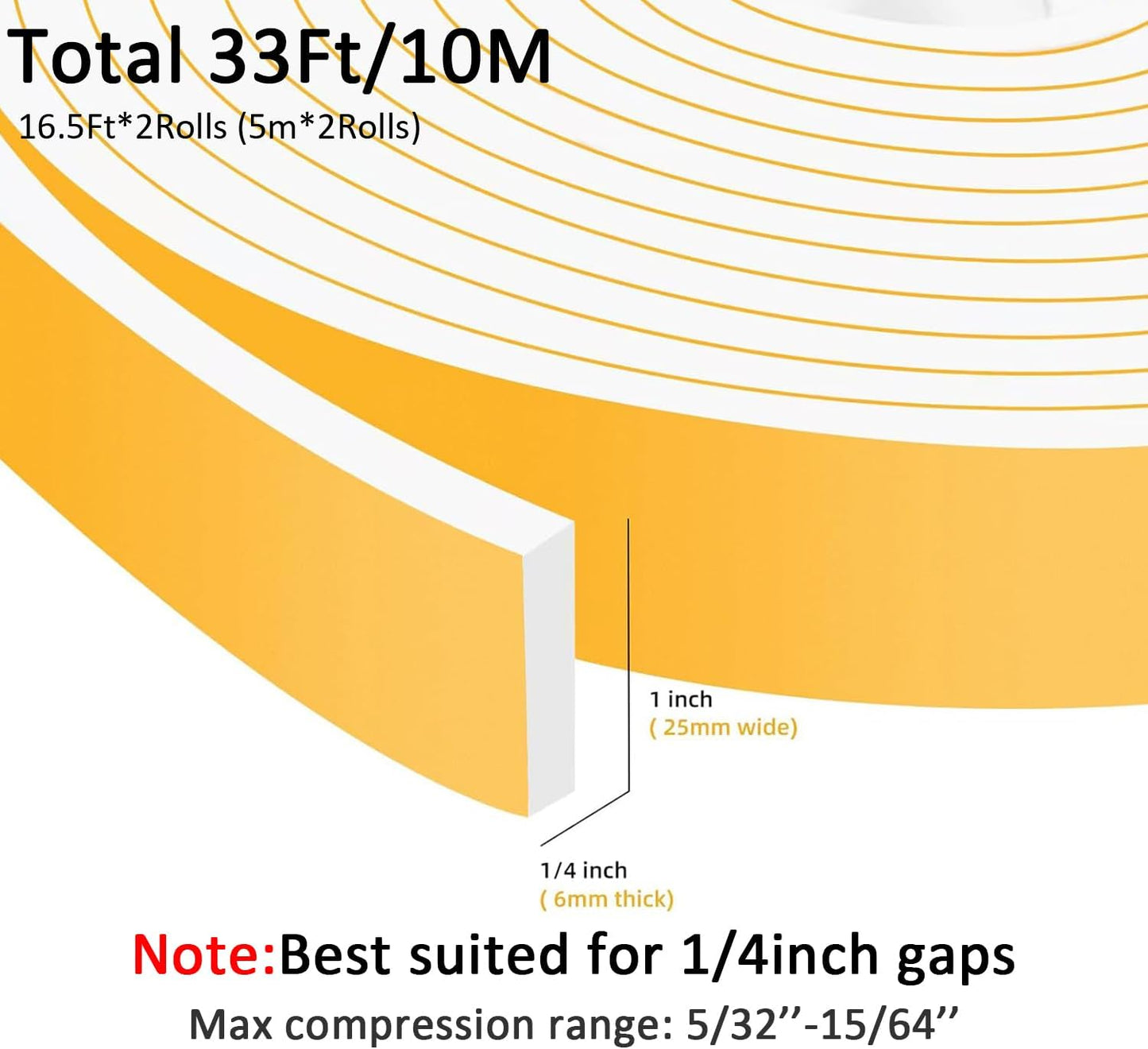 Upgraded Strong Adhesive Foam Weather Stripping Door Seal Strip Insulation Tape for Insulating Door,Air Conditioner Noise-Reduction Self Adhesive Sealing Weatherstrip(1 in x 1/4 in x 16.5 Ft)